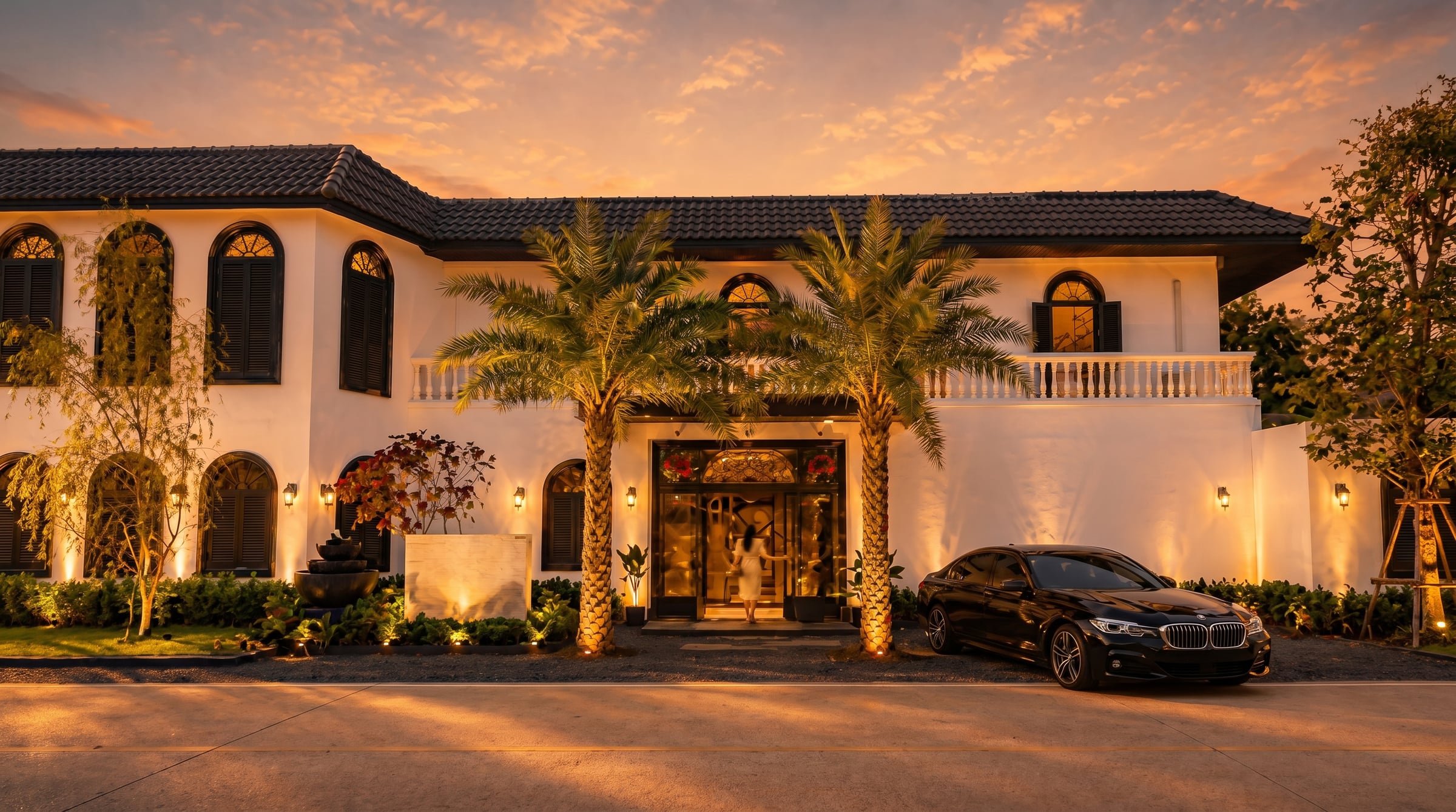 Kebaya Spa villa at dusk — a two-storey white villa with palm trees and warm interior light, Choeng Thale, Phuket